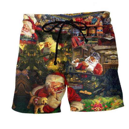 Mery Christmas Santa Toys Train Factory Beach Shorts Pattern View For Relaxed Vacation Styling