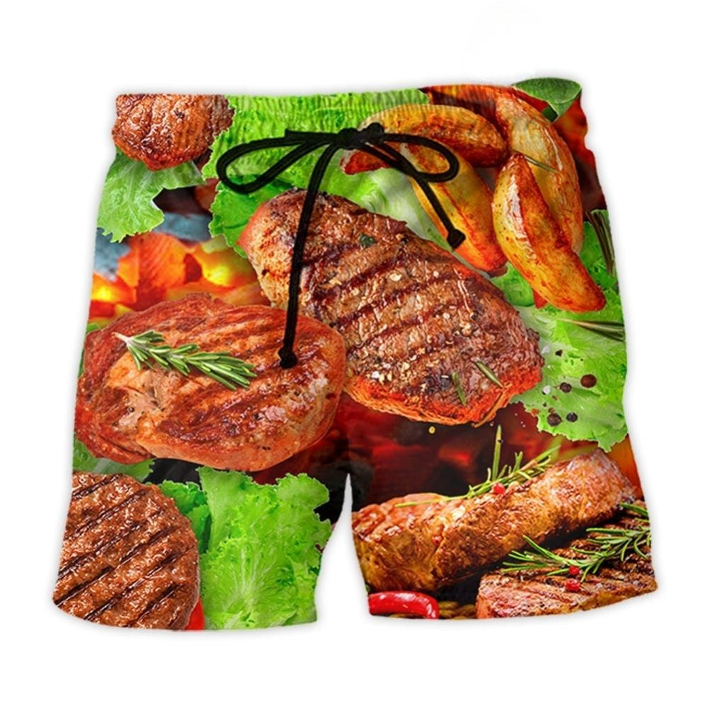 Beef Steak BBQ Grilling Lover Beach Shorts Pattern View For Resort Days And Outdoor Activities