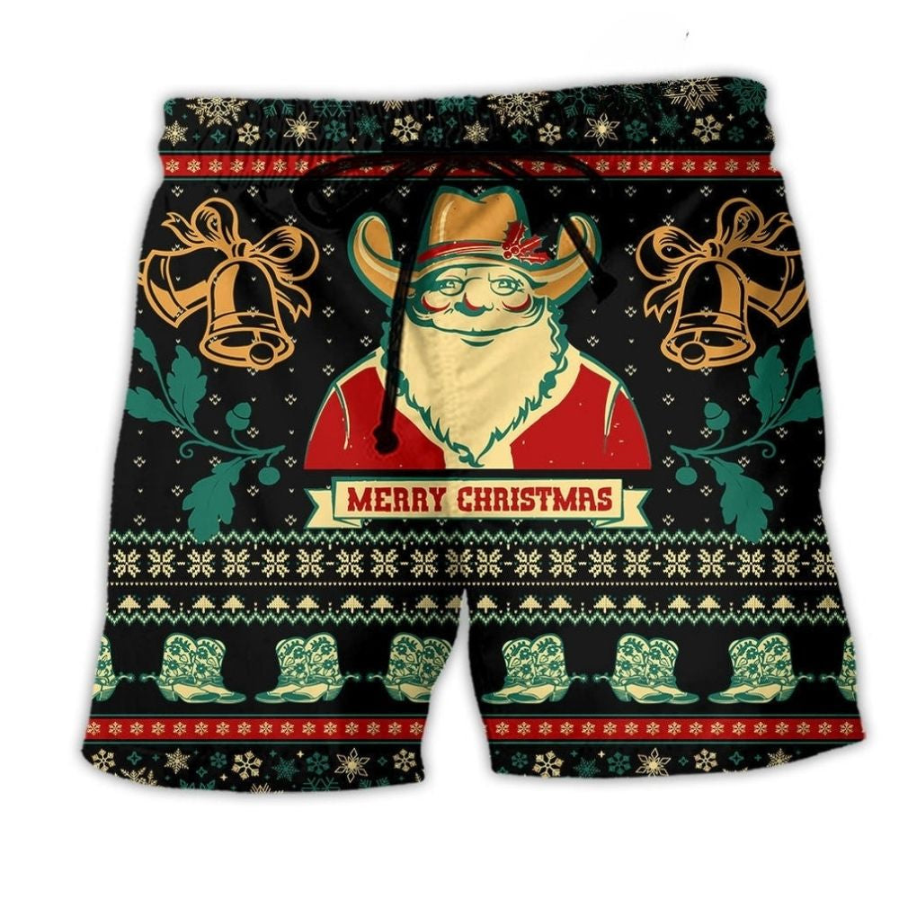 Santa Cowboy Vintage Christmas Beach Shorts For Resort Getaways And Laid Back Daily Wear
