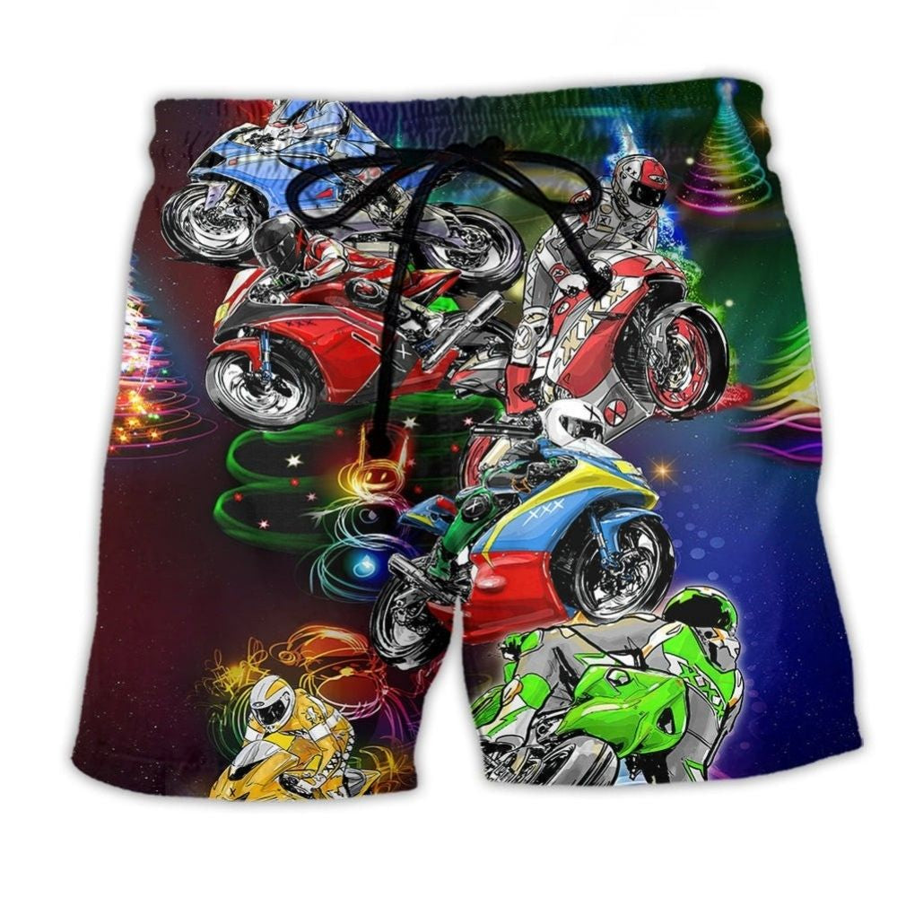 Motorcycle Racing Christmas Energy Beach Shorts Design View For Poolside Relaxation And Holiday Trips