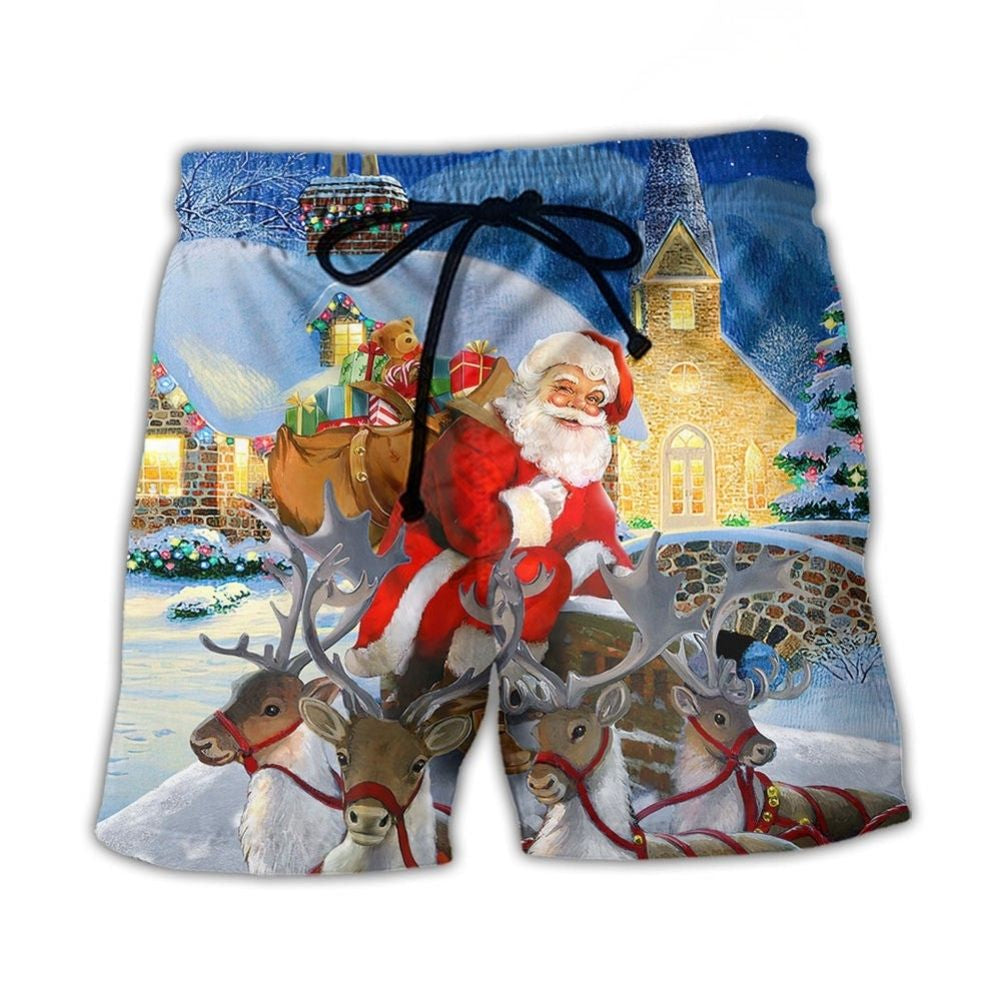 Christmas Santa Reindeer Holiday Beach Shorts Design Detail For Weekend Getaways And Beach Days