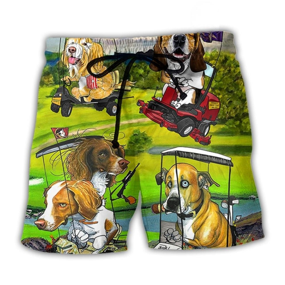 Golf Dog Driving Cart Funny Beach Shorts Design View For Comfortable Resort And Beach Styling