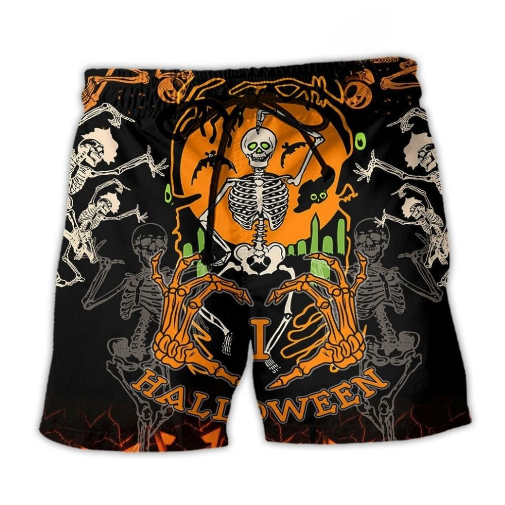 Halloween Dancing Skeleton Scary Beach Shorts For Halloween Vacation And Festival Style