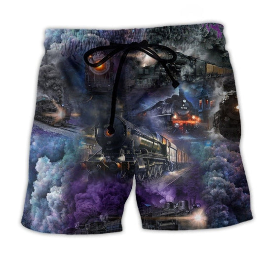 Train Billowing Smoke Lover Beach Shorts Design Detail For Motorsport Fans And Vacation Style