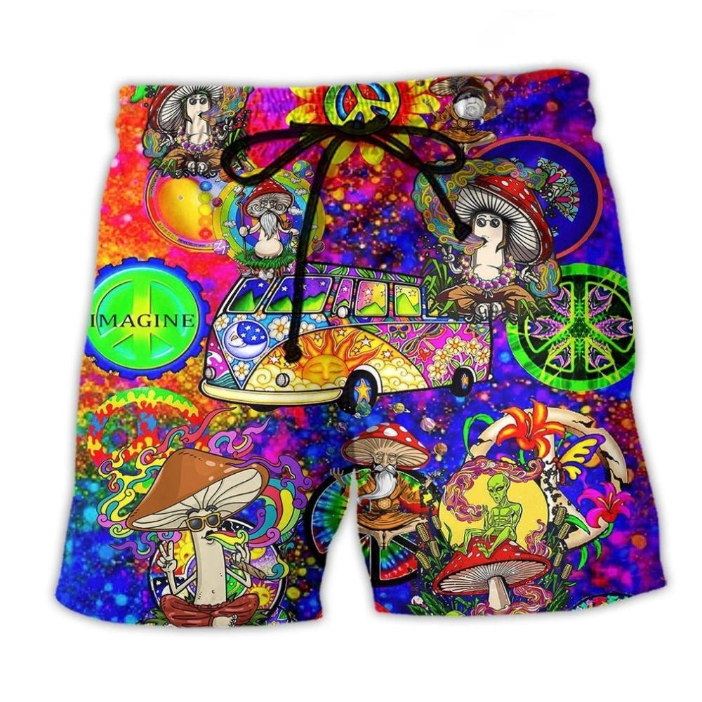Hippie Mushroom Peace Colorful Beach Shorts Pattern View For Weekend Trips And Outdoor Activities