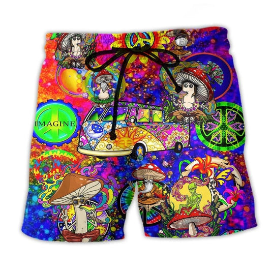 Hippie Mushroom Peace Colorful Beach Shorts Pattern View For Weekend Trips And Outdoor Activities