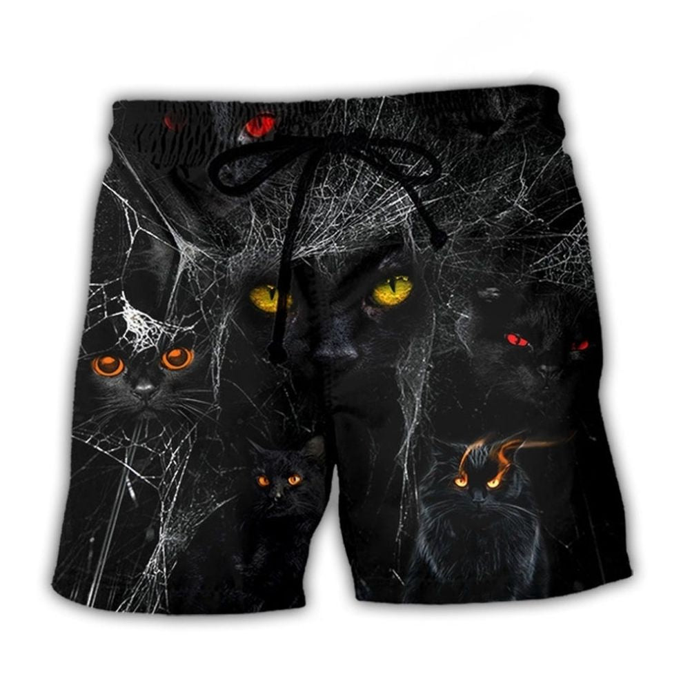 Halloween Black Cat Dark Beach Shorts For Tropical Holidays And Comfortable Resort Style