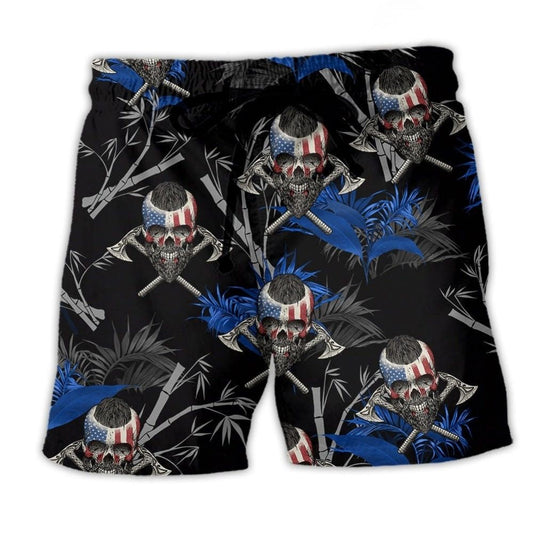 Viking Victory Skull Warrior Beach Shorts Artwork Detail For Comfortable Everyday Summer Wear
