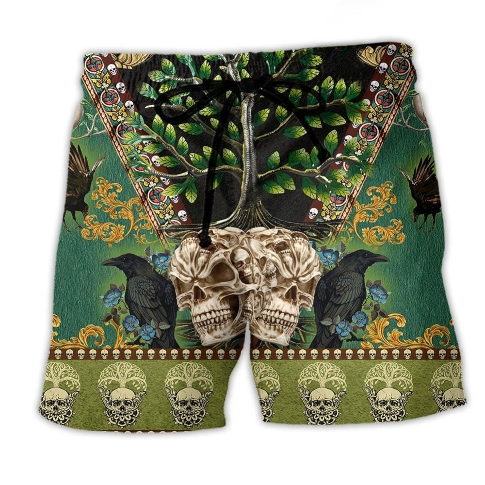 Skull Tree Nature Pattern Beach Shorts For Mythic Art Fans, Vacation Trips, And Outdoor Comfort