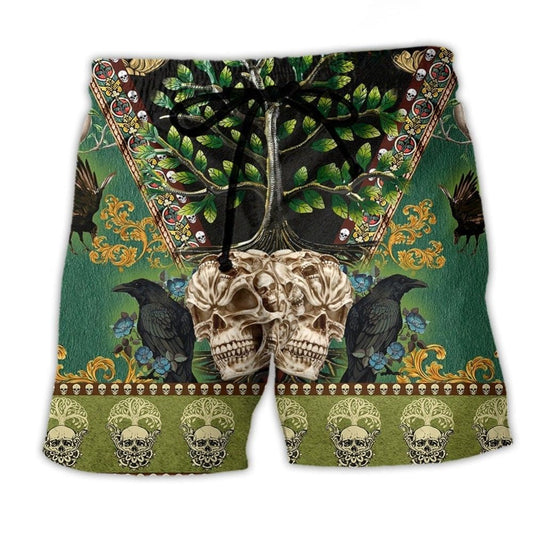 Skull Tree Nature Pattern Beach Shorts For Mythic Art Fans, Vacation Trips, And Outdoor Comfort