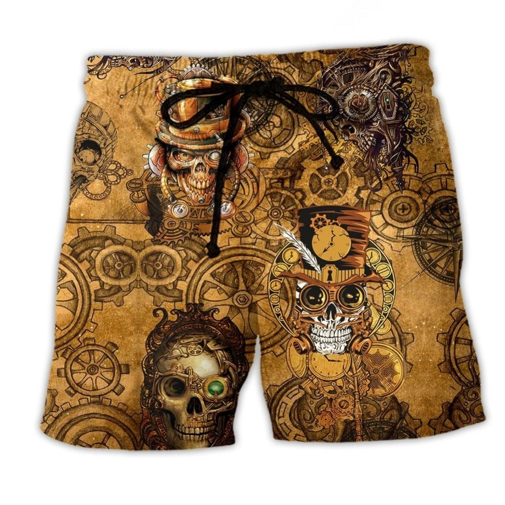 Vintage Mechanical Skull Beach Shorts For Bold Resort Days, Coastal Travel, And Casual Wear