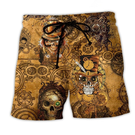 Vintage Mechanical Skull Beach Shorts For Bold Resort Days, Coastal Travel, And Casual Wear