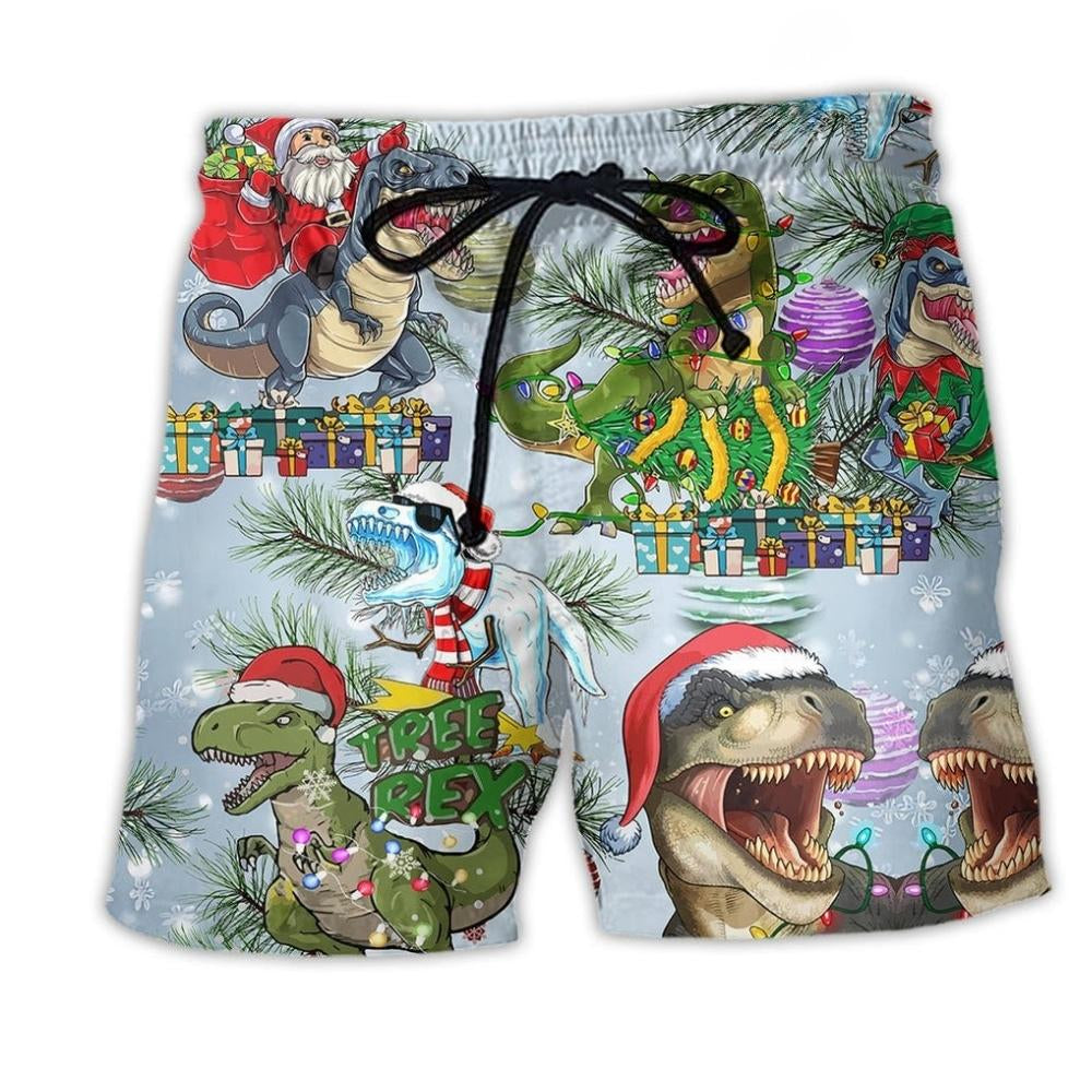 Dinosaurs Christmas Colorful Beach Shorts Print Detail For Festive Outdoor Gatherings