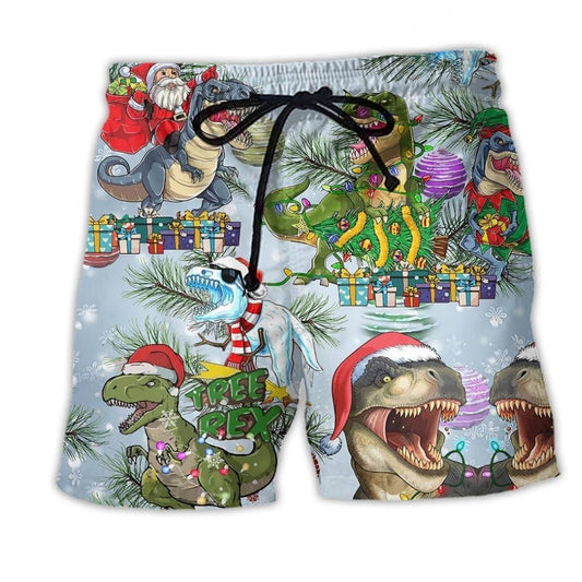 Dinosaurs Christmas Colorful Beach Shorts Print Detail For Festive Outdoor Gatherings