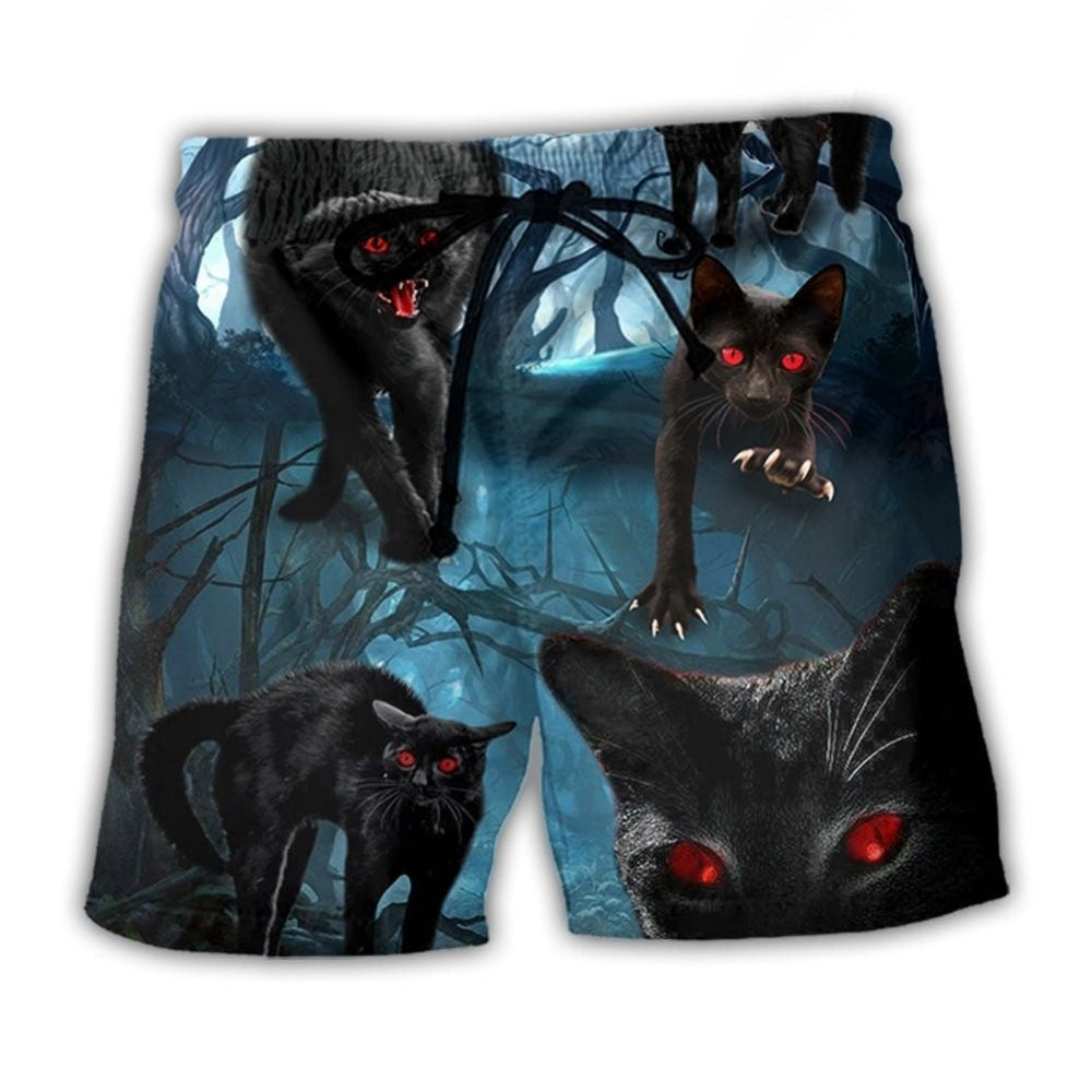 Halloween Night Black Cat Scary Beach Shorts For Beach Days And Distinctive Seasonal Style