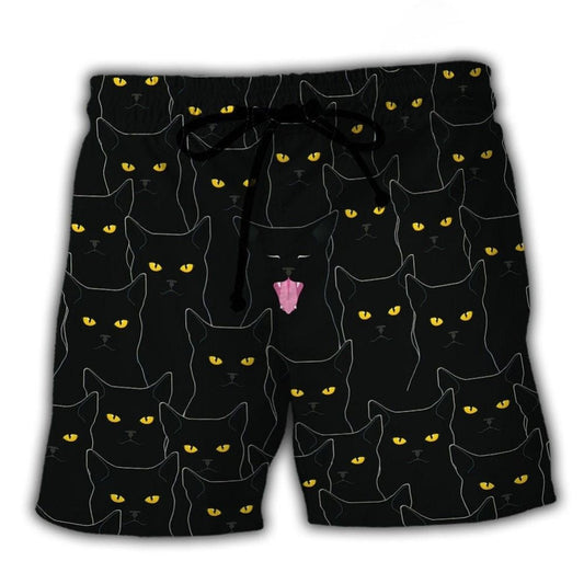 Black Cat Portrait Beach Shorts For Tropical Holidays And Relaxed Casual Style