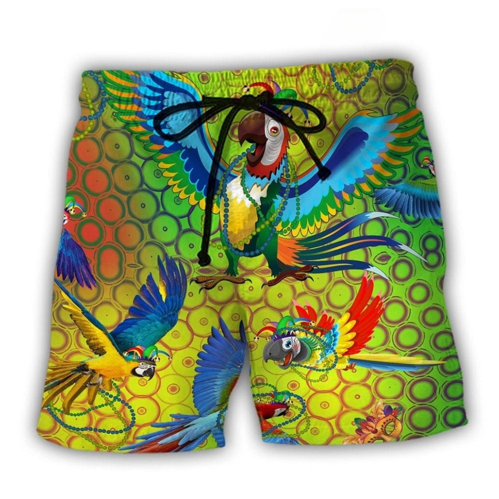 Colorful Mardi Gras Parrot Beach Shorts For Poolside Relaxation And Weekend Casual Style