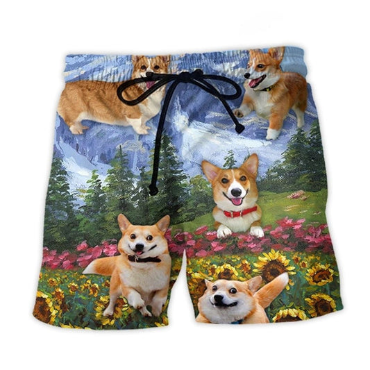 Cute Corgi Playing With Flowers Beach Shorts Design View For Poolside Relaxation And Holiday Trips