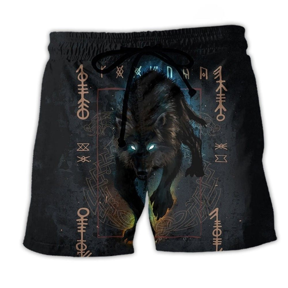 Viking Wolf Fenrir Dark Beach Shorts Pattern View For Relaxed Vacation Styling