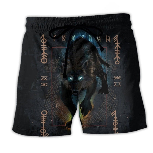 Viking Wolf Fenrir Dark Beach Shorts Pattern View For Relaxed Vacation Styling