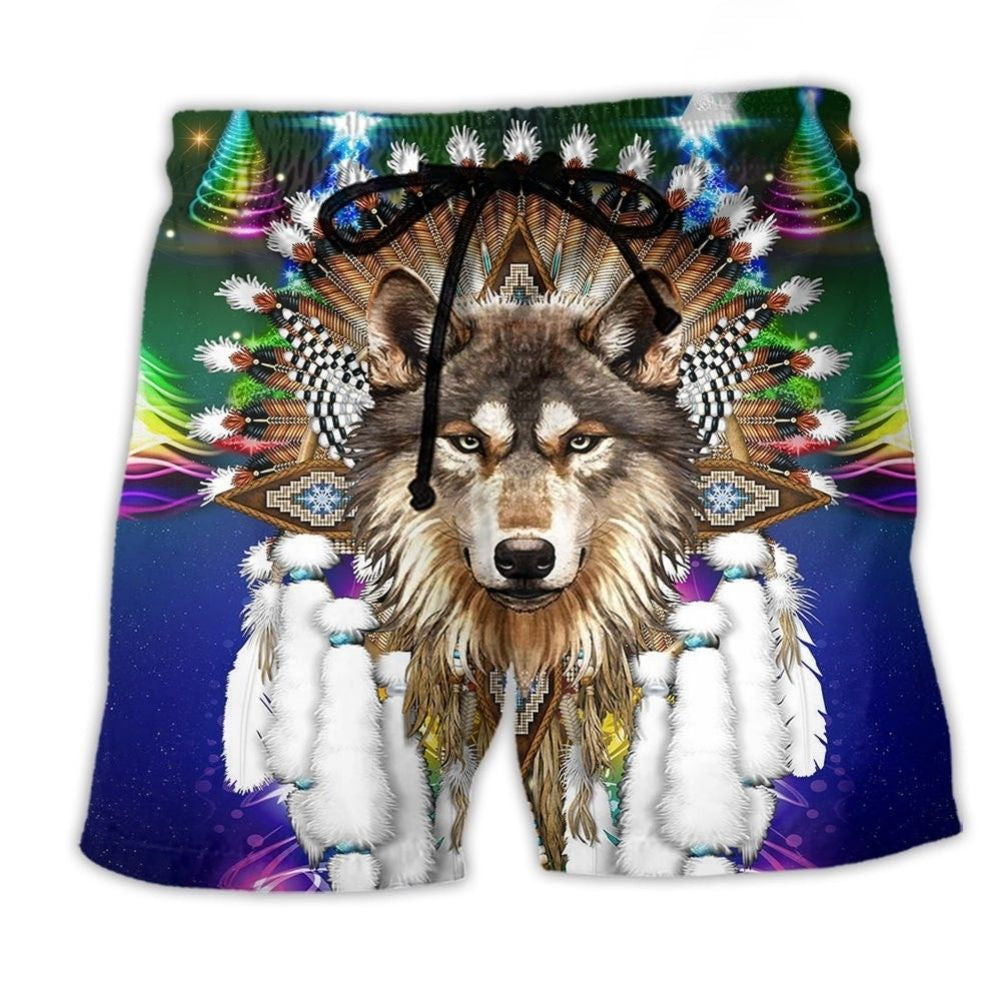 Southwestern Wolf Merry Christmas Winter Beach Shorts For Summer Vacations And Leisure And Relaxation