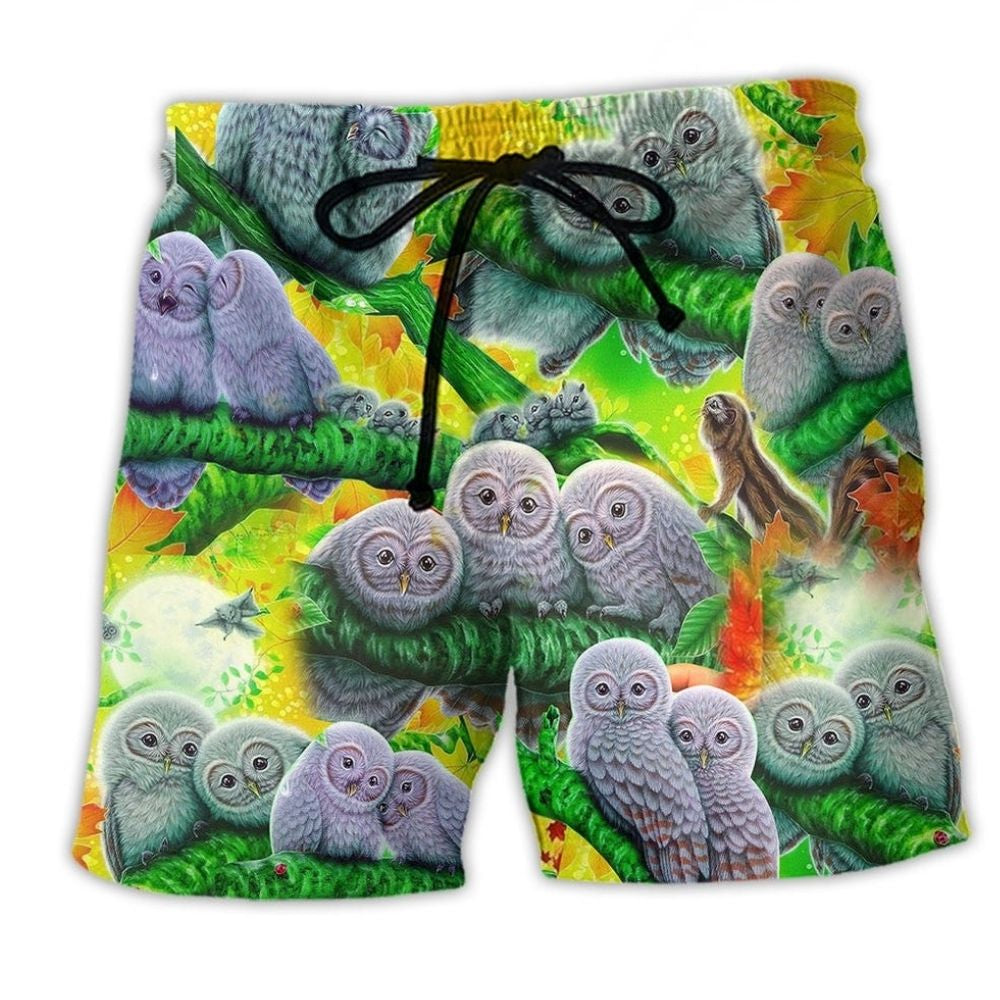 Cute Colorful Owl Family Beach Shorts For Casual Day Trips And Leisure And Relaxation
