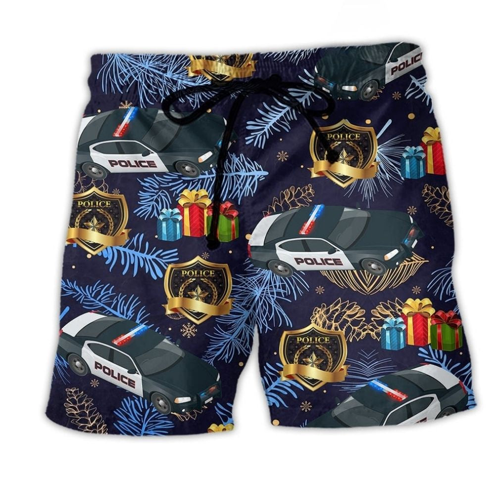 Police Christmas Appreciation Gift Beach Shorts Pattern View For Coastal Holidays And Casual Activities