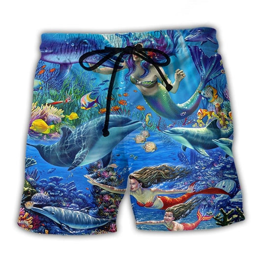 Dolphin Mermaid Ocean Blue Fantasy Beach Shorts For Summer Vacations And Laid Back Daily Wear