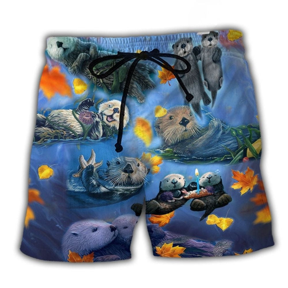 Otter Couple Maple Leaf Beach Shorts For Tropical Holidays And Easy Warm Weather Wear