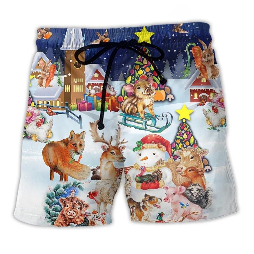 Christmas Happy Animals Snow Beach Shorts Artwork Detail For Casual Warm Weather Outfits