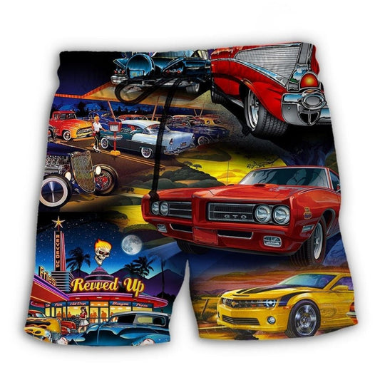 Muscle Car Family Lifestyle Beach Shorts Pattern View For Vacation Travel And Outdoor Fun