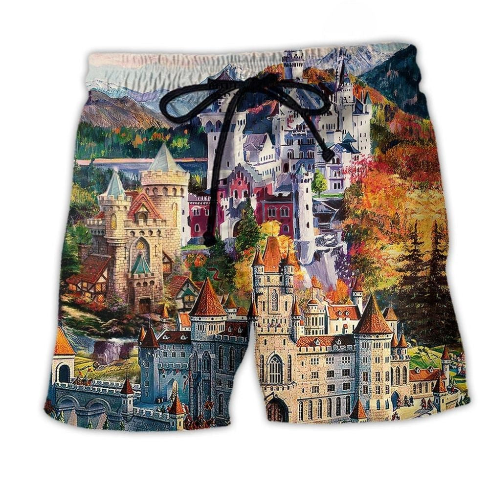 Old Castle Memories Scenic Landscape Beach Shorts Graphic Detail For Resort Trips And Casual Outings