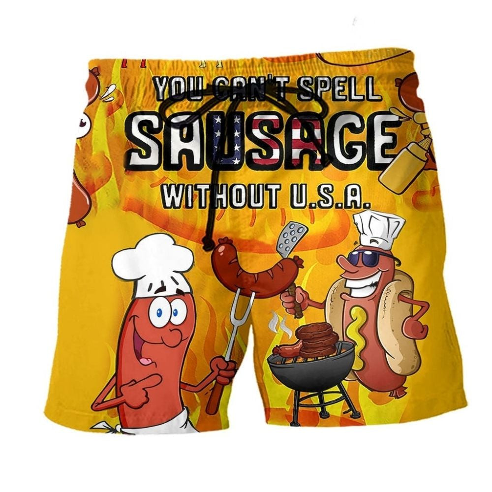 Food You Can't Spell Sausage Without American Humor Beach Shorts Design Detail For Resort And Beach Day Style