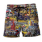 Motorcycle Field Ride Beach Shorts Artwork Detail For Casual Warm Weather Outfits