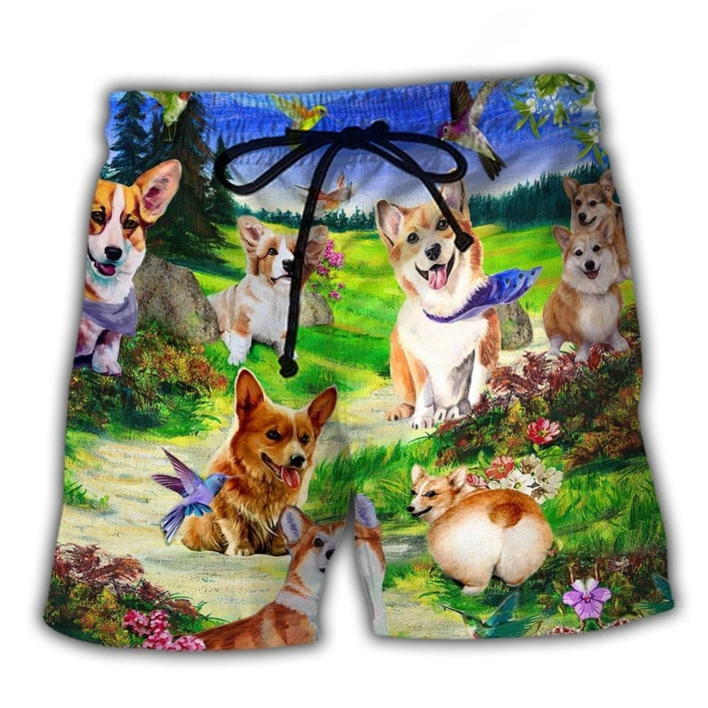 Corgi Floral Sky Beach Shorts For Coastal Adventures And Easy Warm Weather Wear