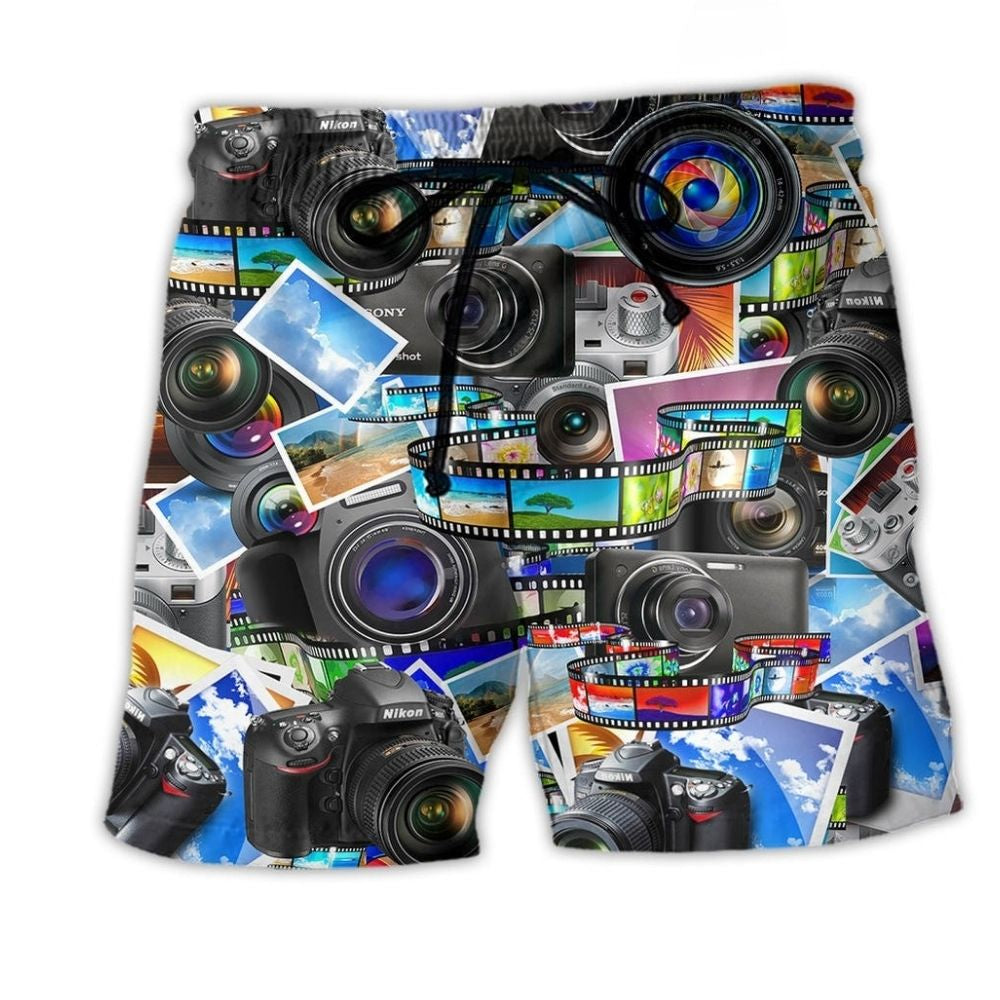 Retro Camera Beach Shorts For Summer Vacations And Relaxed Holiday Style
