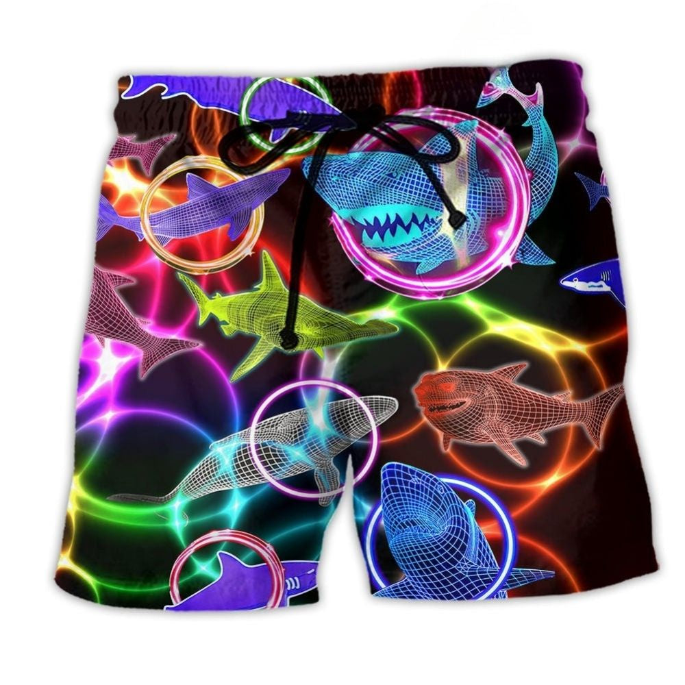 Neon Shark Love Circle Beach Shorts Artwork View For Seaside Trips And Casual Style