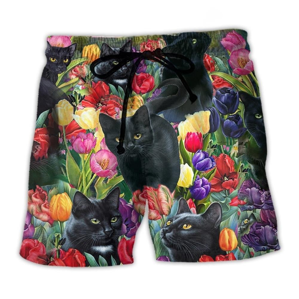 Black Cat Floral Colorful Beach Shorts For Animal Lovers And Summer Vacation Style