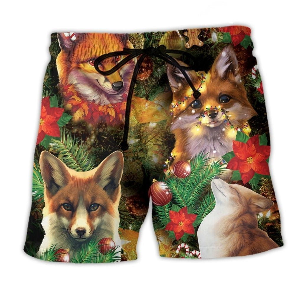 Christmas Foxmas Floral Beach Shorts Pattern View For Weekend Trips And Outdoor Activities