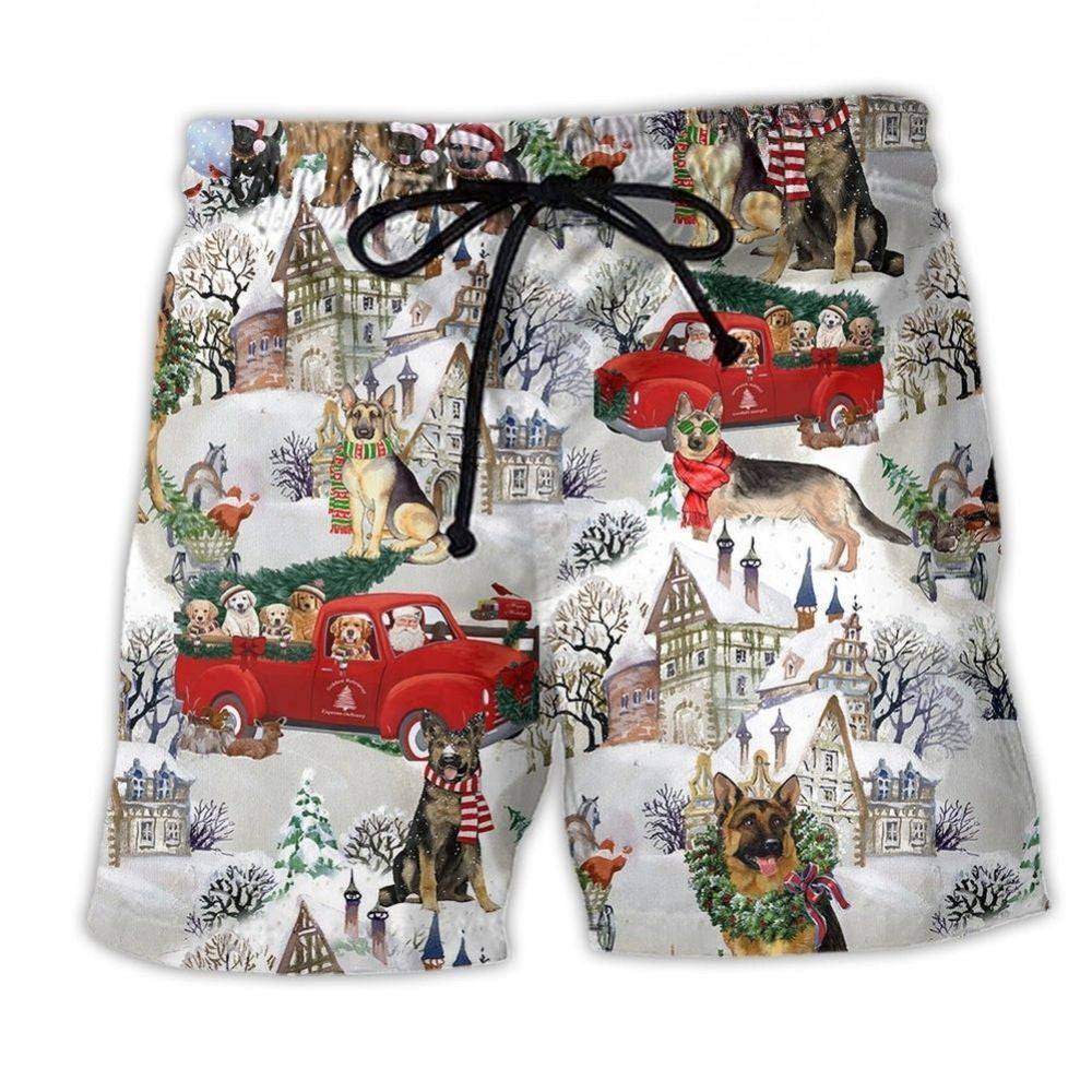German Shepherd Winter Christmas Beach Shorts Pattern Detail For Sunny Outdoor Activities