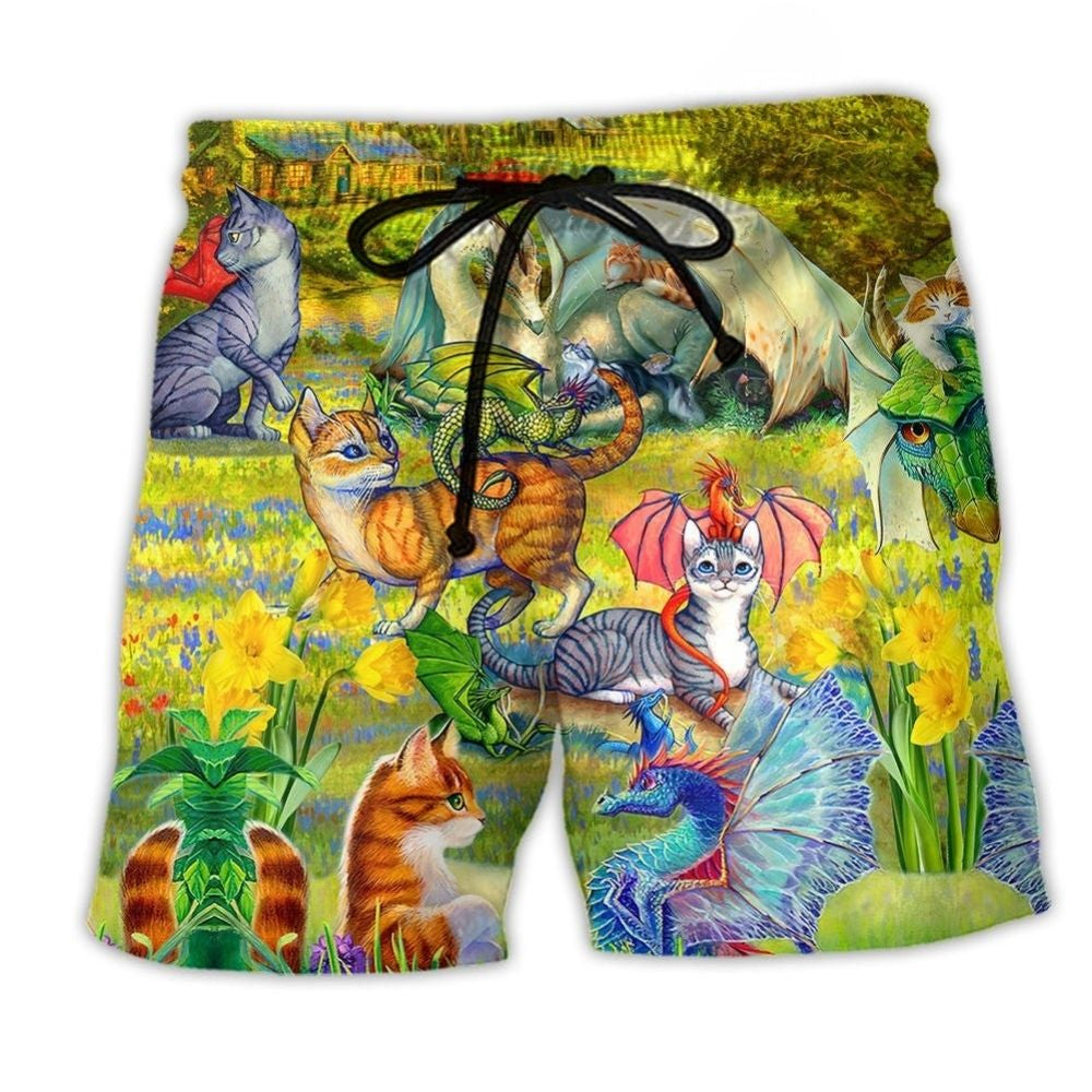 Dragon And Cats Floral Fantasy Beach Shorts For Beach Trips And Relaxed Vacation Styling