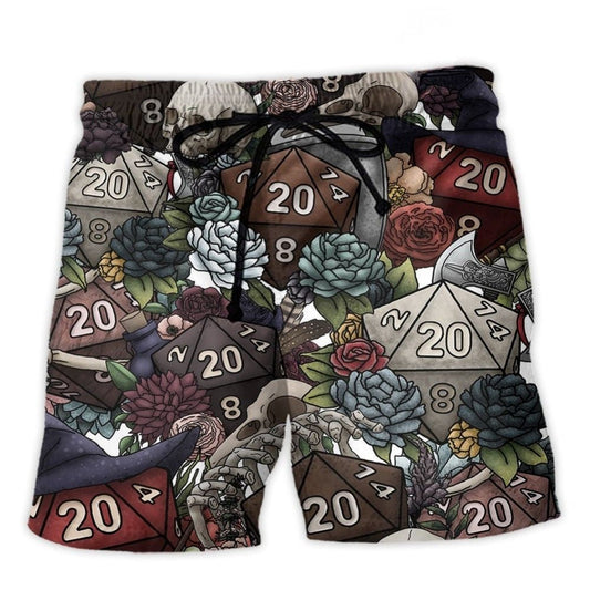 Dark Vibe D20 Dice Fantasy Beach Shorts Artwork Detail For Comfortable Everyday Summer Wear