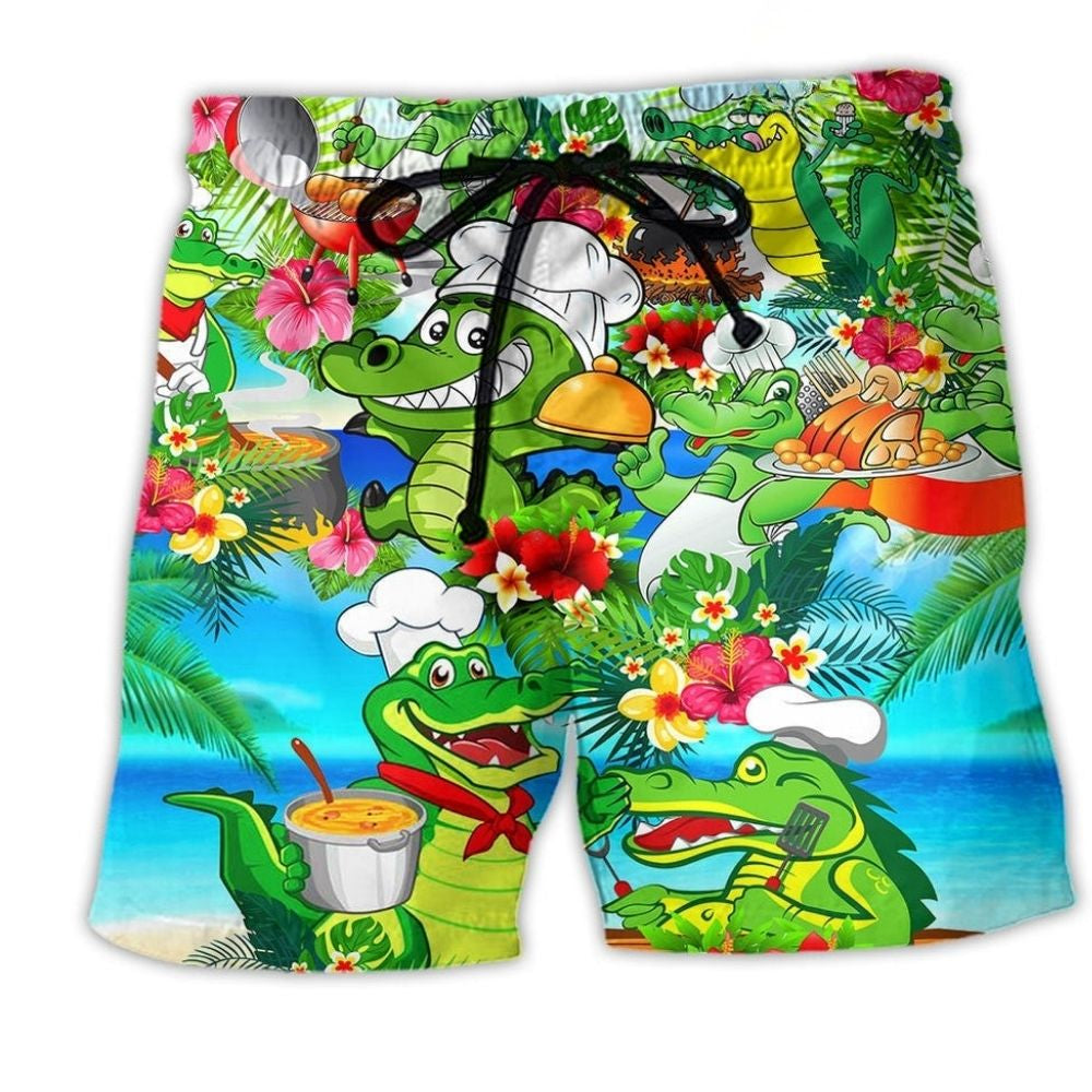 Alligator Chef Tropical Floral Beach Shorts For Coastal Adventures And Leisure And Relaxation