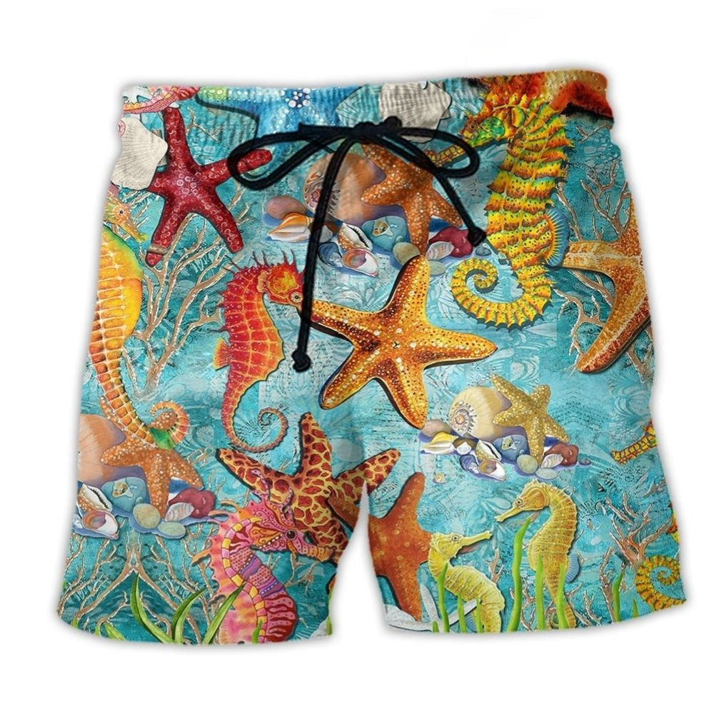 Ocean Seashell Story Blue Coastal Beach Shorts For Warm Weather Outings And Travel Ready Comfort