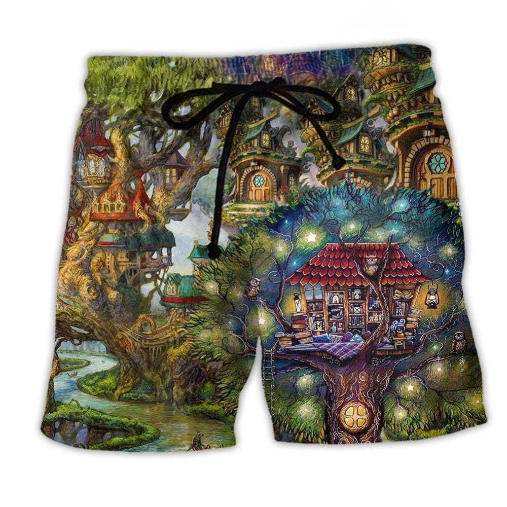 Hippie Dream Treehouse Beach Shorts Pattern View For Weekend Trips And Outdoor Activities