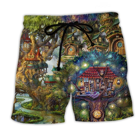 Hippie Dream Treehouse Beach Shorts Pattern View For Weekend Trips And Outdoor Activities