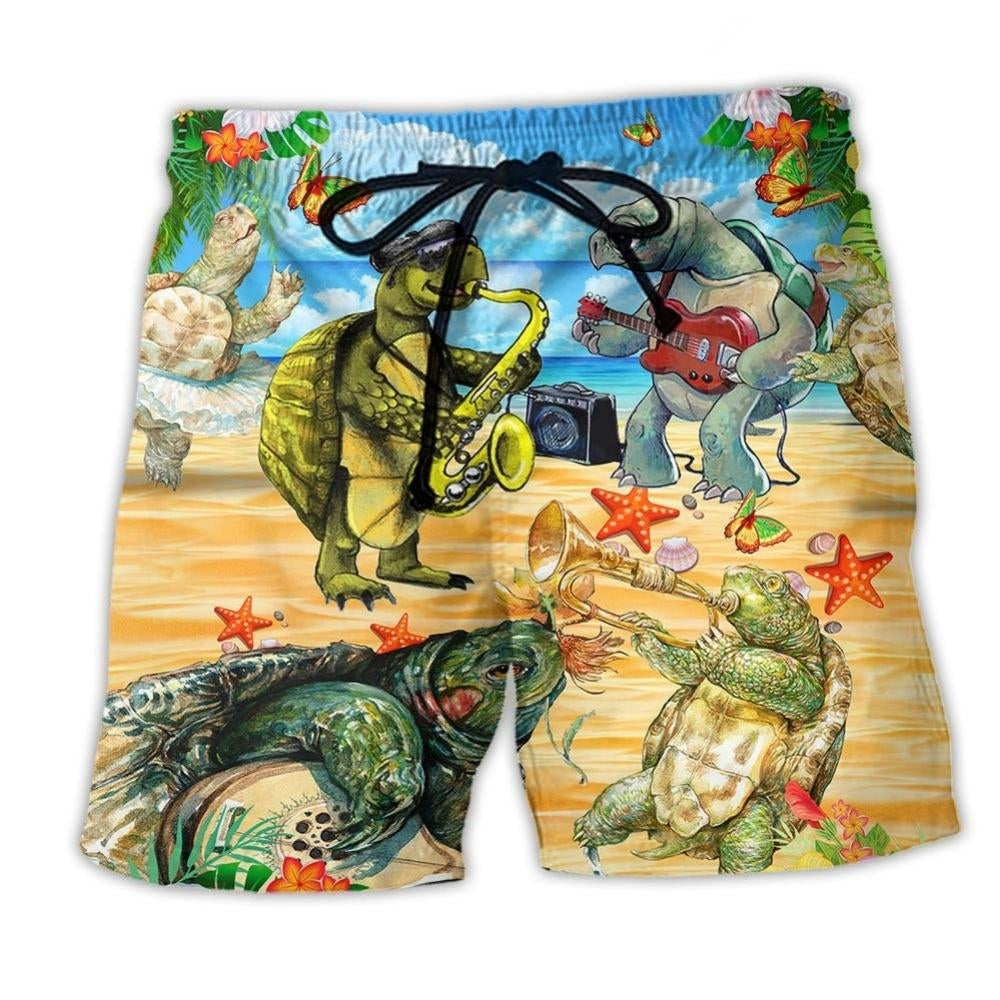 Turtle Loves Music Tiny Cute Beach Shorts Print Detail For Relaxed Warm Weather Outfits