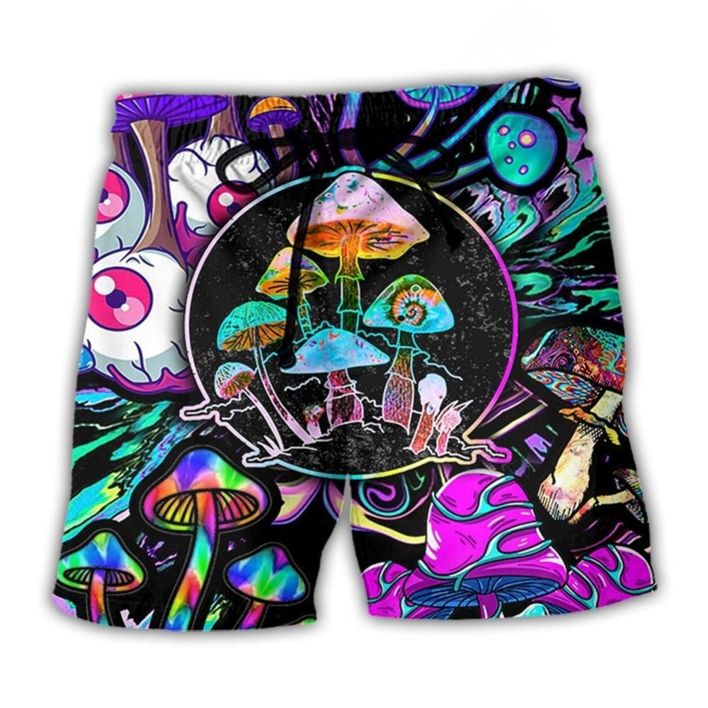 Neon Hippie Mushroom Psychedelic Beach Shorts Design Detail For Casual Warm Weather Outfits