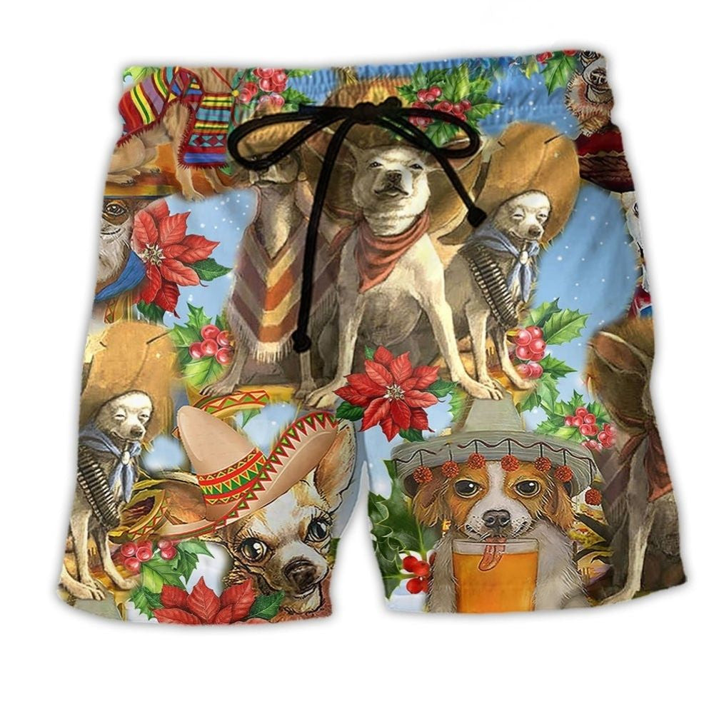 Chihuahua Snowy Christmas Joy Beach Shorts Artwork Detail For Comfortable Everyday Summer Wear