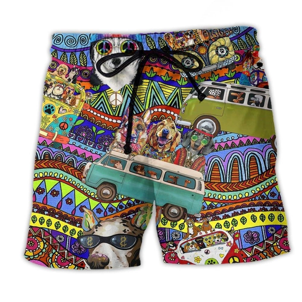 Dogs Love Life Colorful Bus Beach Shorts Design Detail For Casual Warm Weather Outfits